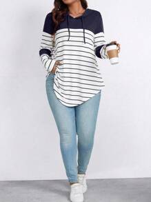 EMERY ROSE Camiseta de manga larga con capucha, bloques de color y rayas, con cordón, gráfica, para mujer, tallas grandes, para primavera y otoño - Azul Marino - Ver 3