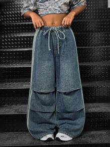 SHEIN Tween Girls Y2K Punk Streetwear Casual Color Block Side Stripe High Waisted Jeans Flap Pocket Pleated Wide-Leg Cargo Wide Leg Jeans Pants,Halloween Clothes Girl,Christmas Clothes,Girls Fall Winter Clothes Back To School Homecoming Outfits,Autumn Clothes Loose Wide Leg Pants - Medium Wash - View 3