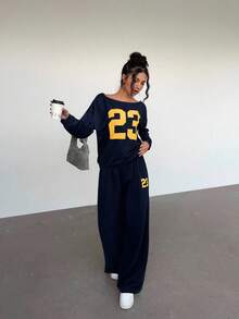 Aloruh 2件套女士休闲数字印花落肩长袖运动衫和裤子套装 - 藏蓝色 - 查看 5