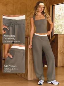 GLOWMODE 莫代尔罗纹直筒裤内置可调节抽绳腰运动裤带侧袋休闲日常穿着 - 棕色 - 查看 4