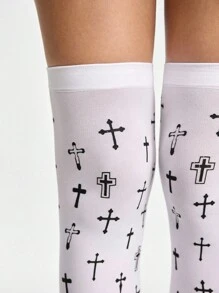 ROMWE Grunge Punk Calcetines de estilo punk de Halloween con estampado cruzado aleatorio hasta la rodilla, calcetines casuales personalizados de estilo Y2K que llegan sobre la rodilla, adecuados para fiestas, reuniones y eventos sociales - Blanco - Ver 3