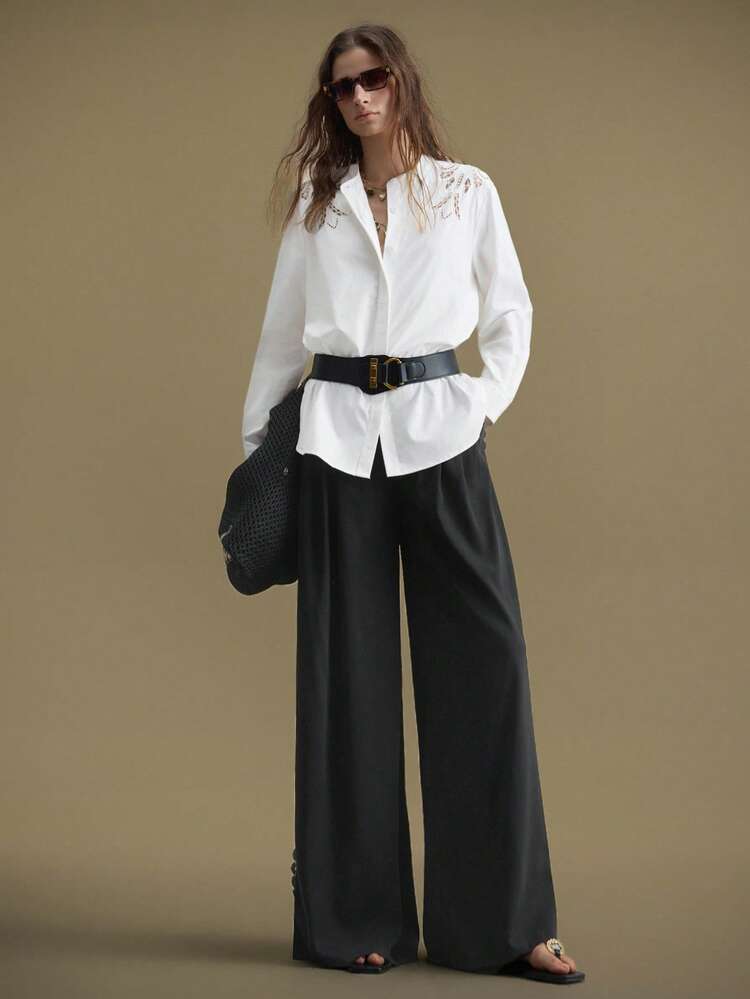 2025 New Winter Women's Black Wide Leg Pants, Loose Fit, Suitable For Women's Autumn/Winter, Halloween, Christmas, Oktoberfest, Casual Business, Pleated Design Modern Urban Casual Fashion Business Casual Women's Office Wear Low-Key Old Money Style Effortless Temperament Urban Commuting Airport