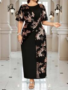 Gownix Đầm Maxi Nữ Cỡ Lớn, Cổ Tròn, Tay Ngắn, Tay Dài, Thêu Kim Sa, Chắp Vá Màu Đen, Eo Xoắn, Thanh Lịch & Thời Trang Cho Dự Tiệc - Nhiều màu - Xem 3