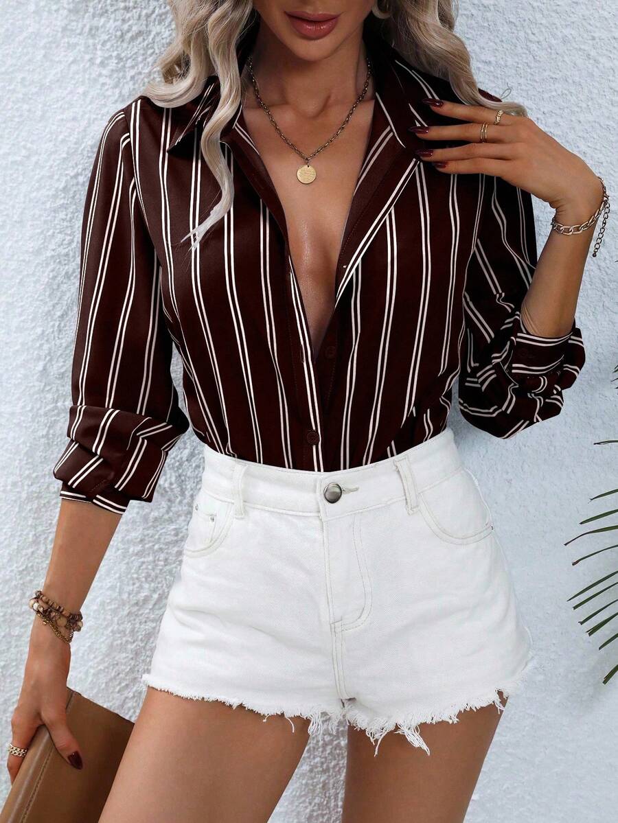 EMERY ROSE Camisa de manga larga con botones y rayas para mujer, adecuada para ir al trabajo en otoño - Café integral - Ver 1
