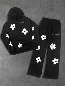 Manfinity EMRG 2 件男士连帽运动衫和抽绳裤套装花朵连帽衫男士街头服饰套装黑色两件套男士花卉套装，秋装冬季 - 黑色 - 查看 3