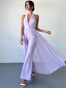 Firerie 女士优雅浪漫端庄度假时尚宴会日常露背高腰露背网眼丝带二合一薰衣草色连体裤 - 淡紫色 - 查看 3