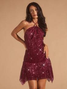 Glamine 女装秋季新款酒红色彩虹亮片连衣裙夏季新款浪漫性感露背连衣裙外出 - 紅色 - 查看 6