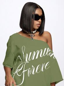 SUMWON WOMEN Off Shoulder Mini Dress Oversized T-Shirt Style Summer Spring Relaxed Fit Loungewear Statement Text Graphic Streetwear Casual Loose Comfortable - Dark Green - View 3