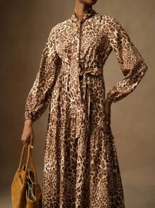 Lyxana Abito a campana con stampa leopardata classica, vita elastica, scollo a V, maniche a lanterna, versatile ed elegante, adatto a varie occasioni e fasce d'età - Multicolore - Visualizzare 6