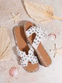 SHUZIA Women's Fashionable Flat Sandals With Rhinestone Decoration - White - View 5