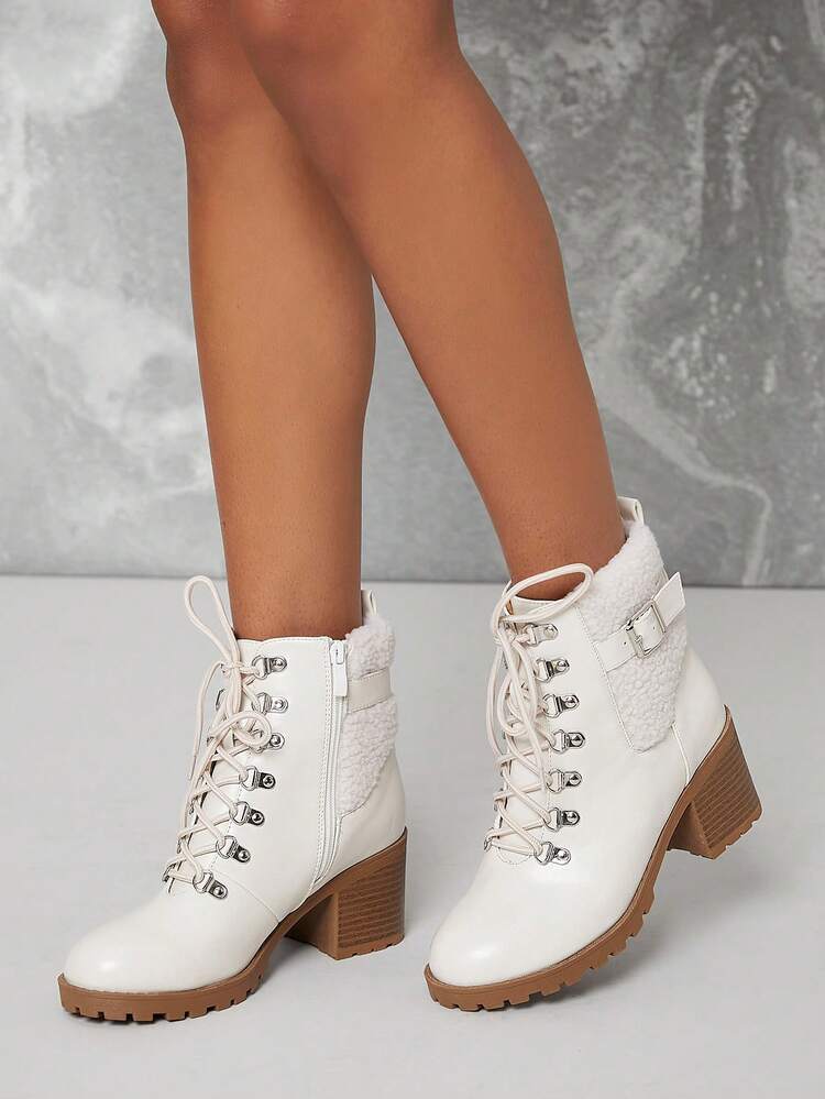 Vegan Leather Lace-Up Faux Shearling Ankle Boots