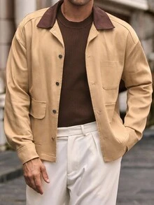 HIMLAND Men's Casual Woven Patchwork Turndown Collar Loose Drop Shoulder Shacket Men Shacket Men Summer Jacket Cropped Men Jacket Earthy Men, Fall, Winter - Multicolor - View 2