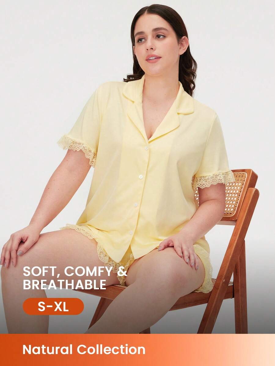 LUVLETTE 优雅黄色蕾丝纽扣短款女士伴娘透气睡衣套装，女士家居服套装，女士内衣四角裤套装 - 黃色 - 查看 1