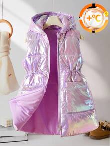 Chaleco con capucha alargado para niña preadolescente con bolsillos y cremallera, cintura ceñida con efecto láser brillante, estilo casual universitario, adecuado para la calle, vuelta al colegio y atuendos universitarios