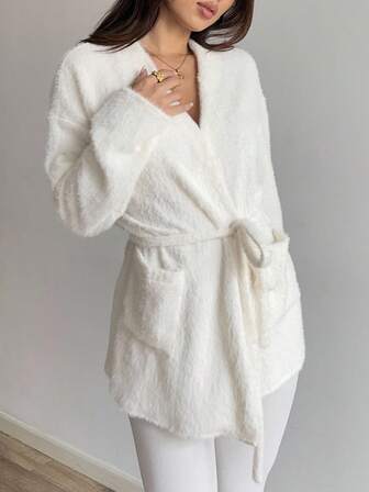 Sunnyshic Soft Plush Waist Tie Cardigan Jacket, Autumn/Winter