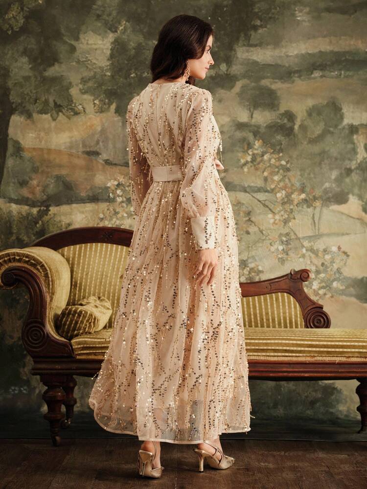 Elegant V-Neck Sequin Embroidered Tie-Waist Dress, Romantic Long Dress For Women, Suitable For Fall, Winter, New Year, Party, Wedding