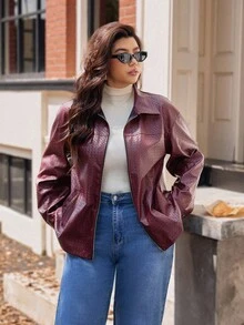 Vionelle 大码女式法式休闲针织纹理长袖夹克大码皮夹克女士皮夹克大码机车夹克女士大码夹克大码摩托车夹克 - 酒紅色 - 查看 7