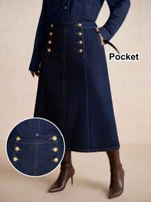 Elaquor 加大码深蓝色牛仔迷你裙，金色纽扣点缀，高腰直筒长裙，显瘦显瘦，法式优雅秋季款 - 深色水洗藍 - 查看 2