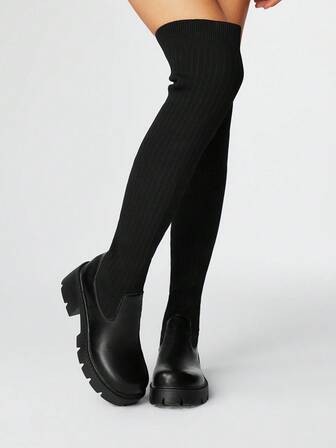 Goth Stivali alti sopra il ginocchio da donna alla moda, con punta tonda, tacco largo e comodi, stivali alti per l'autunno con laccio regolabile e cerniera laterale