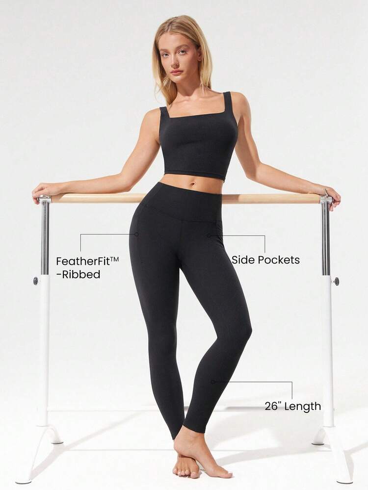 26" FeatherFit™-Ribbed No Front Seam Side Pockets High-Rise Waist Leggings Low Impact Yoga Pilates Studio Daily Casual Wear  Spring Summer