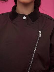 COUREZ Ruched Asymmetric Bomber Jacket /Y2K Going Out Women Cute Spring Going Out Tops Tops Spring For Women Gothic - Chocolate Brown - View 8