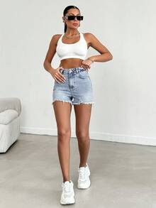 EURMUSE 100%Cotton Mini Heavy Destroy Short With Back Label Detail - Medium Wash - View 4