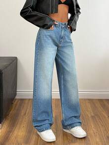 EURMUSE Damen Jeans mit hoher Taille, Waschung und Details, gerade geschnitten, lockere Jeans, Wide Leg Jeans, Baggy Jeans - Mittele Waschung - Übersicht 6