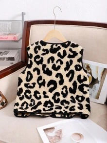 SHEIN Tween Girl Loose Casual Minimalist Comfortable Leopard Print Fluffy Jacket,In Fall/Winter - Black - View 2