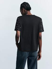 Maija Women's Casual Crew Neck Short Sleeve T-Shirt With Starfish Decor, Summer Studded Top Sparkle Top Going Out Tops Women Office Outfits For Women Basic Tops For Going Out  Going Out Tops Women Going Out Tops Going Out Outfits Tops For Going Out Sequin  Halloween Halloween Clothes Halloween Clothes Women Halloween Clothes Women - Black - View 2