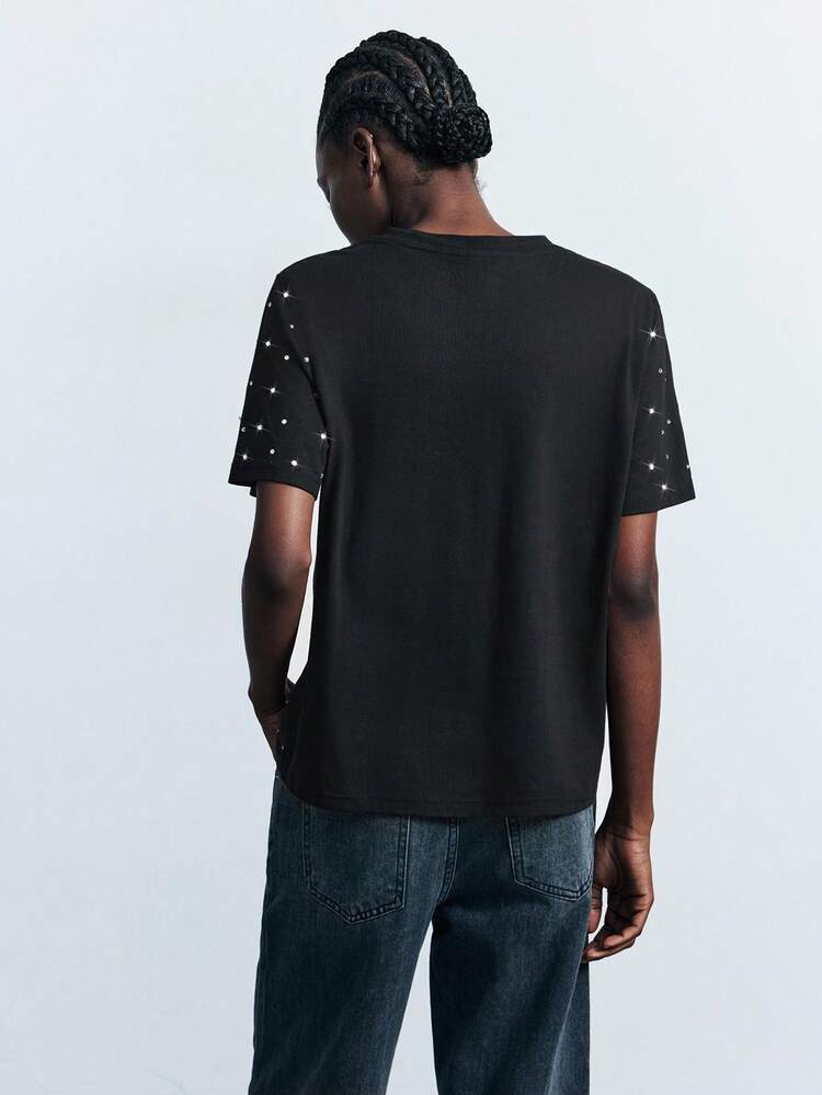 SHEIN Maija Damska luźna koszulka z krótkim rękawem i okrągłym dekoltem z motywem rozgwiazdy, letnia bluzka z ćwiekami, błyszcząca bluzka, bluzki wyjściowe damskie do biura dla kobiet, podstawowe bluzki wyjściowe damskie bluzki wyjściowe bluzki wyjściowe cekiny na Halloween, Halloween, Halloween, kobiety, Halloween