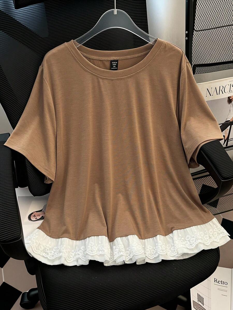 Franclia Plus Size White Lace Trim Casual Vacation & Commute Chic T-Shirt - Khaki - View 1