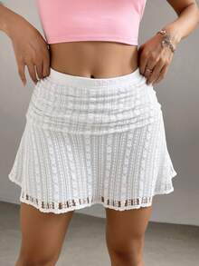 CovetEZ Lace Casual Women Floral Jacquard Pleated Mini Skirt - White - View 2