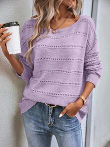 SHEIN LUNE Casual Solid Color Dropped Shoulder Loose Knit Sweater - Purple - View 3