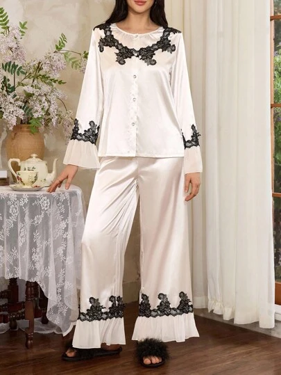 Côtesoire French Elegant Lace Satin Women's Pajama Set, Fall Clothes