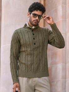 Manfinity NXTstreet Men's Fashion Winter Button Turtleneck Casual Cable Knit Sweater Knitted Men Shirt Men Knitted Sweater Cable Knit Sweater Men Men Tunic Sweater Earth Tone Sweater Men , Fall - Multicolor - View 4