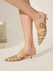 CUCCOO CHICEST 女士优雅尖头编织带扣装饰小猫跟高跟鞋，舒适休闲/工作穆勒鞋，卡其色仿皮，适合下午茶、约会、派对、办公室、度假，用途广泛 - 杏色 - 查看 5
