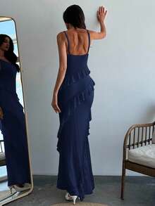 Aloruh 浪漫约会吊带荷叶边修身连衣裙，适合春夏穿着，可作婚礼宾客礼服，优雅连衣裙，秋季婚礼宾客礼服，女士婚礼宾客礼服 - 藏蓝色 - 查看 2