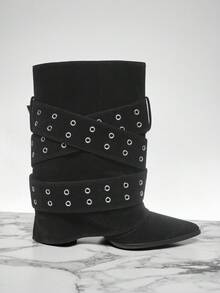SHUZIA Women Buckle Decor Sexy Point Toe Chunky Heel Faux Suede Chic Mid-Calf Boots - Black - View 7