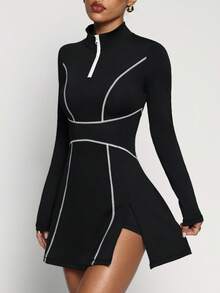 Dewbera Váy thể thao màu tương phản co giãn thoải mái dành cho nữ, thích hợp cho việc luyện tập thể thao ngoài trời như quần vợt, golf, chạy bộ thời trang, đi bộ đường dài, váy thể thao chống lộ - màu đen - Xem 6