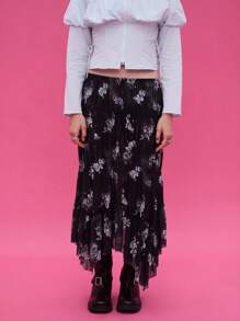 COUREZ Váy maxi lưới in hoa / Trang phục đi chơi phong cách Y2K mùa thu, quần áo mùa đông cho nữ, trang phục Gothic cho câu lạc bộ, trang phục gợi cảm cho nữ. - màu đen - Xem 2