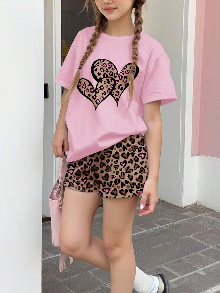 SHEIN Leap Crew Tween Girls Casual Minimalist Short Sleeve Shorts 2 Pieces Set, Suitable For Summer - Multicolor - View 1
