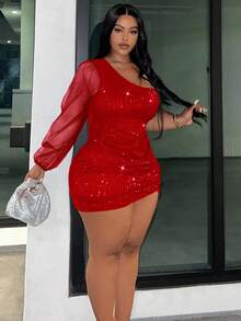 Slaydiva Vestido de Moda Ajustado com Ombro Único, Manga Lanterna e Malha Sequinada de Cor Sólida para Mulheres Plus Size - Vermelho - Visão 3