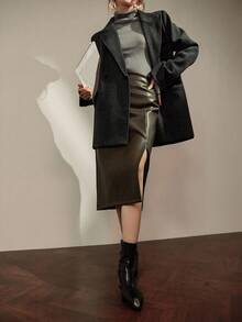 DAZY 女士宽松大衣，保暖内衬，休闲商务通勤优雅办公装，秋冬季 - 灰色 - 查看 6