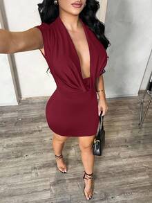 SHEIN SXY 女式性感黑色垂坠领露背修身迷你连衣裙，夏季 - 酒紅色 - 查看 3