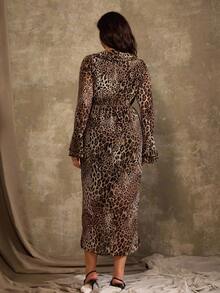Roveilla Robe élégante et sexy à volants avec imprimé léopard pour femmes grande taille - Camel - Voir 2