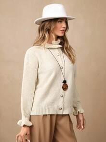 Wildy Women Casual Ruffled Trim Button-Up Cardigan Sweater, Women Solid Color Long Sleeve Fluffy Cardigan Sweater, Women Solid Color Long Sleeve Fluffy Cardigan Sweater, We Recommend Buying One Size Smaller! Super Warm And Soft! - Multicolor - View 4