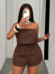 Slaydiva Bộ đồ liền thân dáng ngắn không tay màu xanh quân đội trơn, kiểu dáng mới cho mùa Xuân/Hè, thích hợp cho đi nghỉ mát, đi chơi và mặc hàng ngày, có túi hộp và dây rút ở eo, chất liệu vải dệt họa tiết, cỡ lớn. - màu nâu - Xem 3