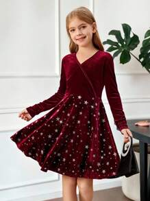 SHEIN Leap Crew Tween Girl Christmas Velvet Star Silver Foil Neck Long Sleeve Dress - Red - View 1