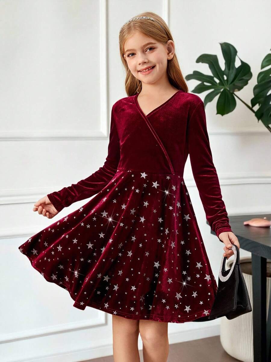 SHEIN Leap Crew Tween Girl Christmas Velvet Star Silver Foil Neck Long Sleeve Dress - Red - View 1