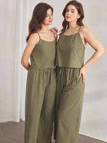 Ocili 100% 纯棉极简主义宽松睡衣套装 - 细肩带上衣和阔腿裤，加大码